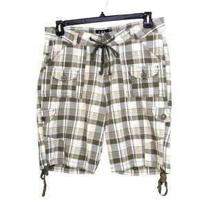 Womens Shorts Size 10 Plaid Taupe Gray Cargo Tie Hem Casual Comfort Lightweight